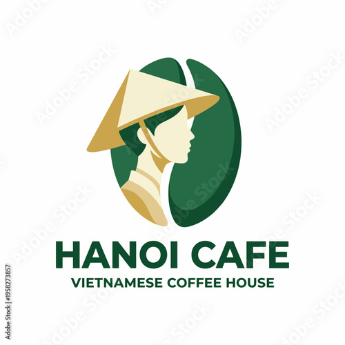An emblematic logo showing a woman in a conical hat next to a coffee bean, illustrating the essence of Vietnamese culture and traditional coffee houses.
