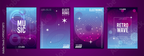 Music poster. Flyer DJ festival. Dance party banner. Cover electronic song. Template technology, modern sound. Brochure design, nightlife advertising and graphic design. Vector garish abstract set