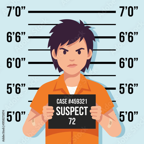 A stern young suspect is posing for a mugshot in an orange jumpsuit, against a height chart with a serious expression, conveying the intensity of the situation and emotions involved.