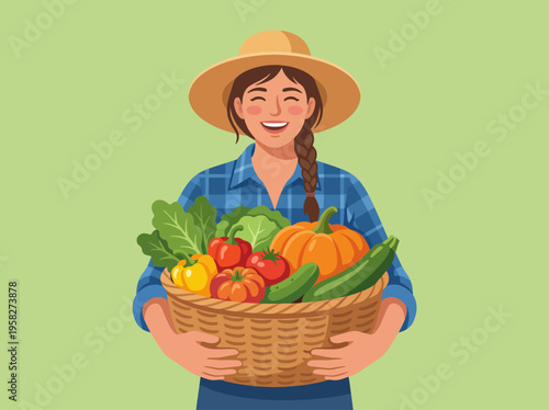A joyful farmer smiles while holding a basket filled with fresh vegetables like tomatoes, cucumbers, and pumpkins, showcasing healthy, organic farming practices and a vibrant harvest.