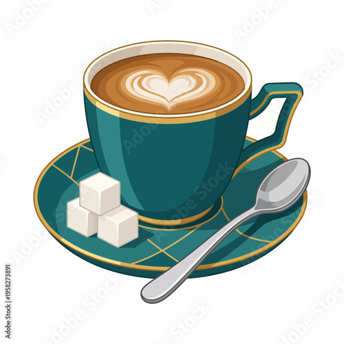 A beautifully crafted coffee cup sits on a stylish plate accompanied by sugar cubes, showcasing a warm drink perfect for cozy moments and appreciation of finer details in dining.