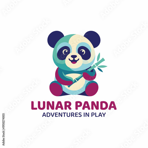 This adorable image features a panda holding bamboo, designed with bright colors, showcasing a playful and friendly aesthetic ideal for children's themes and products.