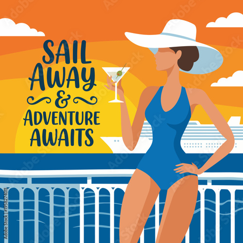 This glamorous image depicts a stylish woman holding a cocktail while enjoying the sunset view from a cruise ship, representing luxury, relaxation, and adventure.