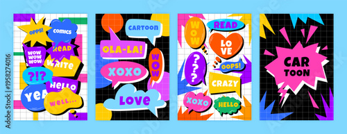 Poster speech bubble. Pop collage, comic pattern template. Vintage cartoon banner layout. Retro card, explosion cloud. Bang shape dialogue promotional background. Vector garish cartoon art geometric
