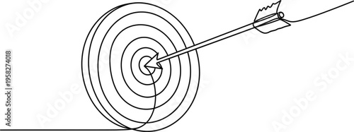 Continuous single line drawing of target with arrow hitting center symbolizing goal achievement success concept
