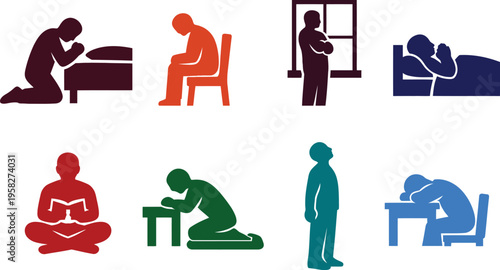 People sitting in various positions and reading or looking sad