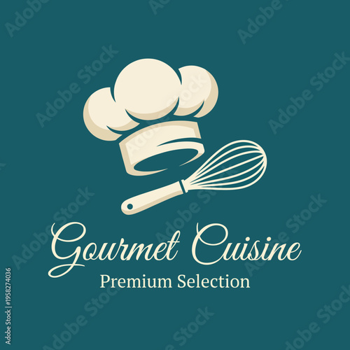 The Gourmet Cuisine logo showcases a chef's hat paired with a whisk, representing culinary excellence and passion for high-quality food, perfect for a gourmet food brand.