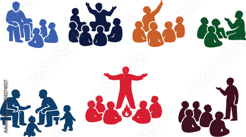 A group of people in different colored groups