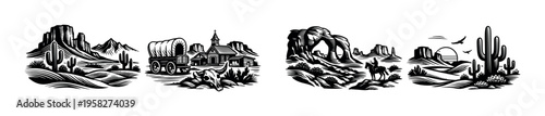 Black and white western landscape silhouette scenes with cacti mountains and covered wagon