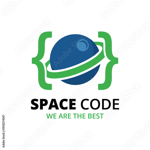 This graphic representation features a planet encircled by brackets, symbolizing coding and technology, ideal for a tech company named 'Space Code'. Minimalistic and creative.