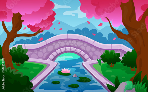 Japan park. Cartoon spring. Asian cherry. Sakura romantic. Bridge in city garden. Landscape of path. Tree blossom petals. Forest channel, card or poster. Vector tidy background, nature illustration