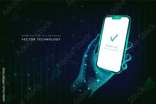 Digital shop, retail online smartphone. Poly wireframe, futuristic technology environment. Customer buy with smart payment. Network digital design, blue service background. Vector mobile business