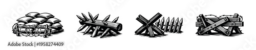 Black and white vector illustrations of military defense barriers and obstacles