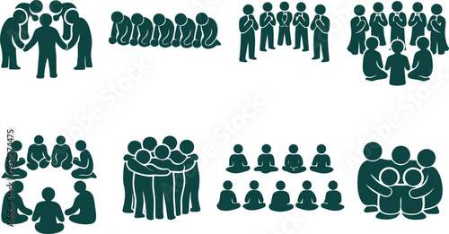 A collection of green icons depicting various group interactions and teamwork