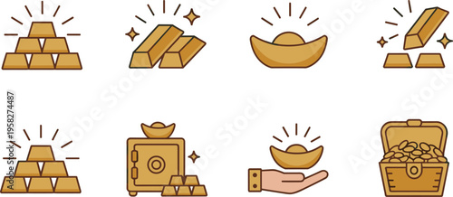 Gold and wealth icon set featuring bullion bars, treasure chest, investment assets, savings, prosperity, finance and luxury concepts