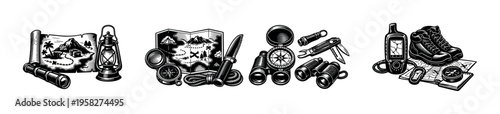 Black and white exploration adventure gear illustrations, including compass, map, lantern, backpack, binoculars