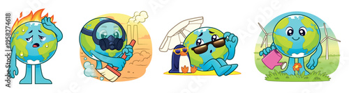 Earth. Pollution climate change. Global warming. Saving planet mascots. World nature danger. Environment metaphor, plant and smog, emissions, green energy. Vector cartoon flat isolated illustration