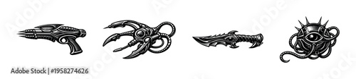 Futuristic sci-fi weaponry illustration, black and white clipart, alien technology silhouette