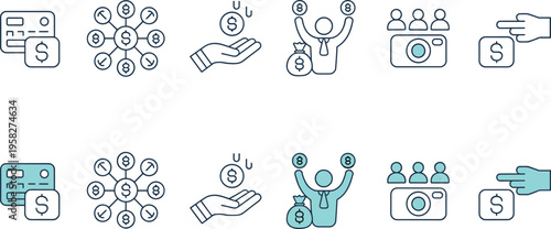 Income and money management icon set featuring earnings, cash flow, payment, profit distribution, finance, investment and revenue concepts