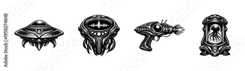 Retro futuristic space elements vector illustration featuring ufo ray gun alien spaceship capsule