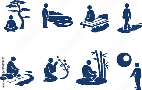 A set of blue icons depicting people in a zen garden