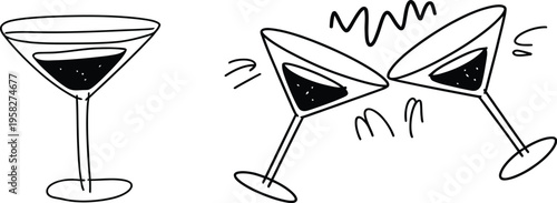 Doodle cocktail glasses cheers drinks hand drawn celebration toast with two alcohol beverages sketch style vector illustration design