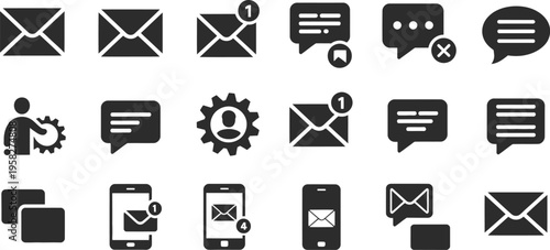 Communication icons, mail envelopes and mobile phone message notifications, modern messaging and contact symbols, minimal vector illustration