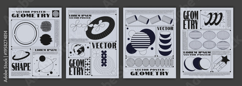Y2K poster. Wireframe layout. Stars space. Galaxy graphic planet. Futuristic mesh background template. Abstract art pattern for design. Grid globe. Retro line cards set. Vector geometric garish shapes