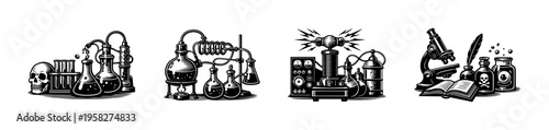 Vintage scientific laboratory equipment illustration, vector silhouette of chemistry tools, black and white
