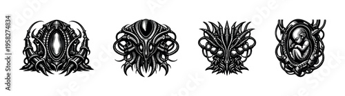 Intricate black and white alien vector illustrations featuring abstract sci-fi designs