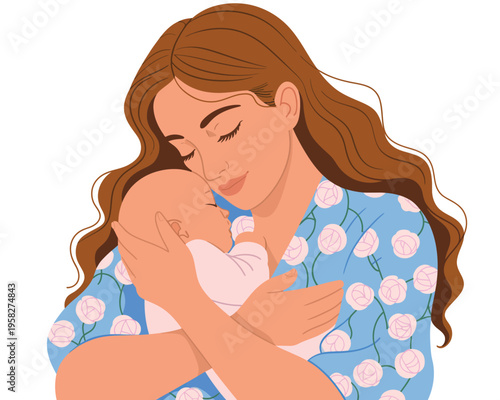 A loving mother holding and kissing her newborn baby in a tender moment of motherhood and affection.