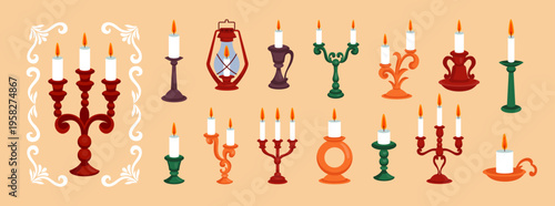 Candlestick wax. Ancient interior decoration. Vintage candlelight. Medieval candelabra. Metal holder for flame. Golden lamp. Retro antique light. Burning fire. Vector tidy flat candle chandeliers set