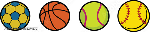 Four sports balls in a row on a white background