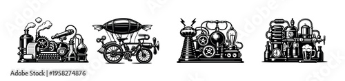 Vintage steampunk machines illustration with gears and pipes vector silhouette