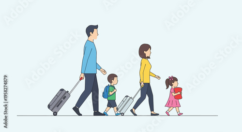 Family traveling, parents with kids walking, luggage icons, travel illustrations, family vacation
