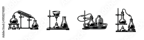 Vintage chemistry lab equipment vector illustration, scientific apparatus silhouettes, black and white clipart