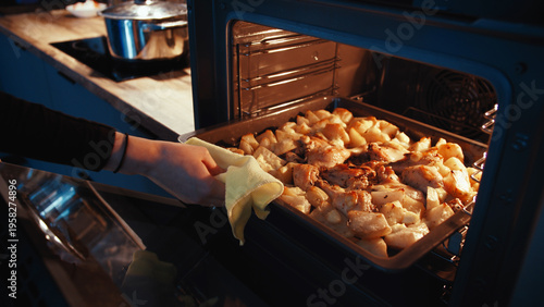 Bilde på lerret Baking Fresh Bread and Pastries in Modern Oven, have fun and enjoy