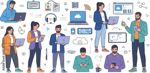 Remote Work and Digital Nomad Lifestyle Illustration Set Featuring Tech Devices, Wi-Fi, and Cloud Collaboration
