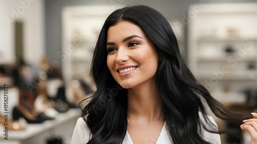 A beautiful woman with long dark hair smiling in a modern salon