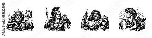 Greek mythology gods and heroes, black and white vector illustration, silhouette elements