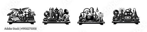 Vintage steampunk laboratory equipment vector, black and white illustration, science gadgets, elements silhouette
