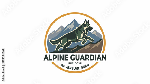 An engaging logo for 'Alpine Guardian' featuring a dog jumping over mountains represents adventure, companionship, and outdoor exploration in an appealing design.