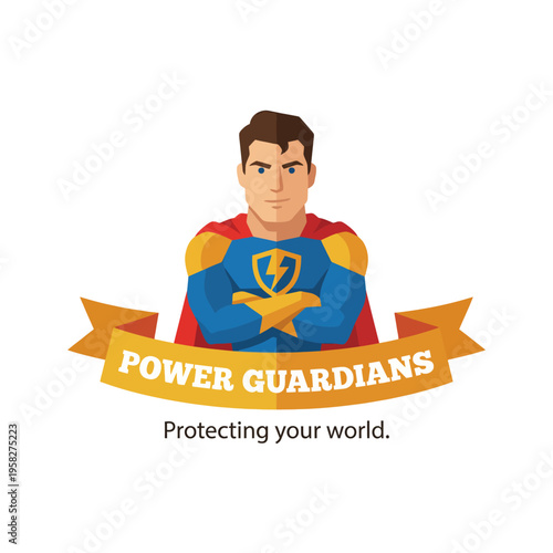 This image features a superhero representing the Power Guardians brand, characterized by a strong stance and vibrant colors, embodying protection and strength.