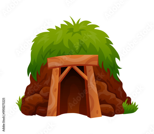 Mine gold. Cave entrance. Goldmine mountain tunnel with wooden beams. Isolated granite cliffs. Natural stone cavern. Treasure mining. Collieries hole. Vector tidy landscape geology pit gate element