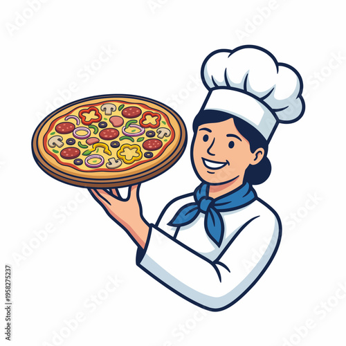 An enthusiastic chef presents a colorful pizza topped with fresh ingredients, highlighting culinary passion and the joy of cooking in a creative kitchen environment.
