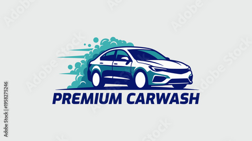 The Premium Carwash logo features a stylized car with dynamic motion effects, conveying speed and efficiency, projecting a modern approach to car cleaning services.