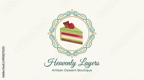This logo showcases a beautifully designed layered dessert slice, representing a charming artisan dessert boutique with a focus on heavenly sweets and delightful treats.