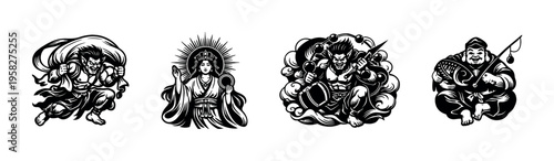 Traditional japanese tattoo design vector silhouette, mythological figures and elements art