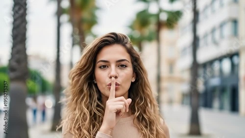 A young woman gesturing to be quiet in an urban setting outdoors