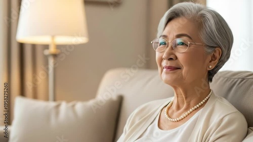 A senior woman smiling and relaxing on a couch in a cozy living room during a calming